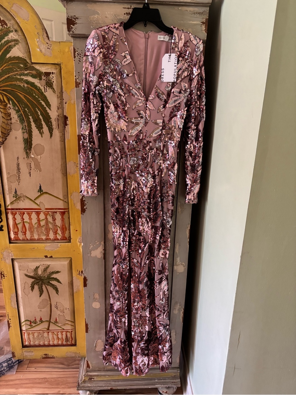 Dress the Population Dusty Rose Sequin Beaded Long Sleeve Maxi Dress